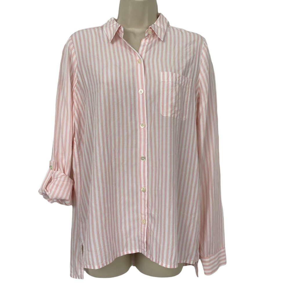 J Jill Button Up Tunic Top Womens XS Striped‎ Pink White Pocket Roll Tab Sleeve